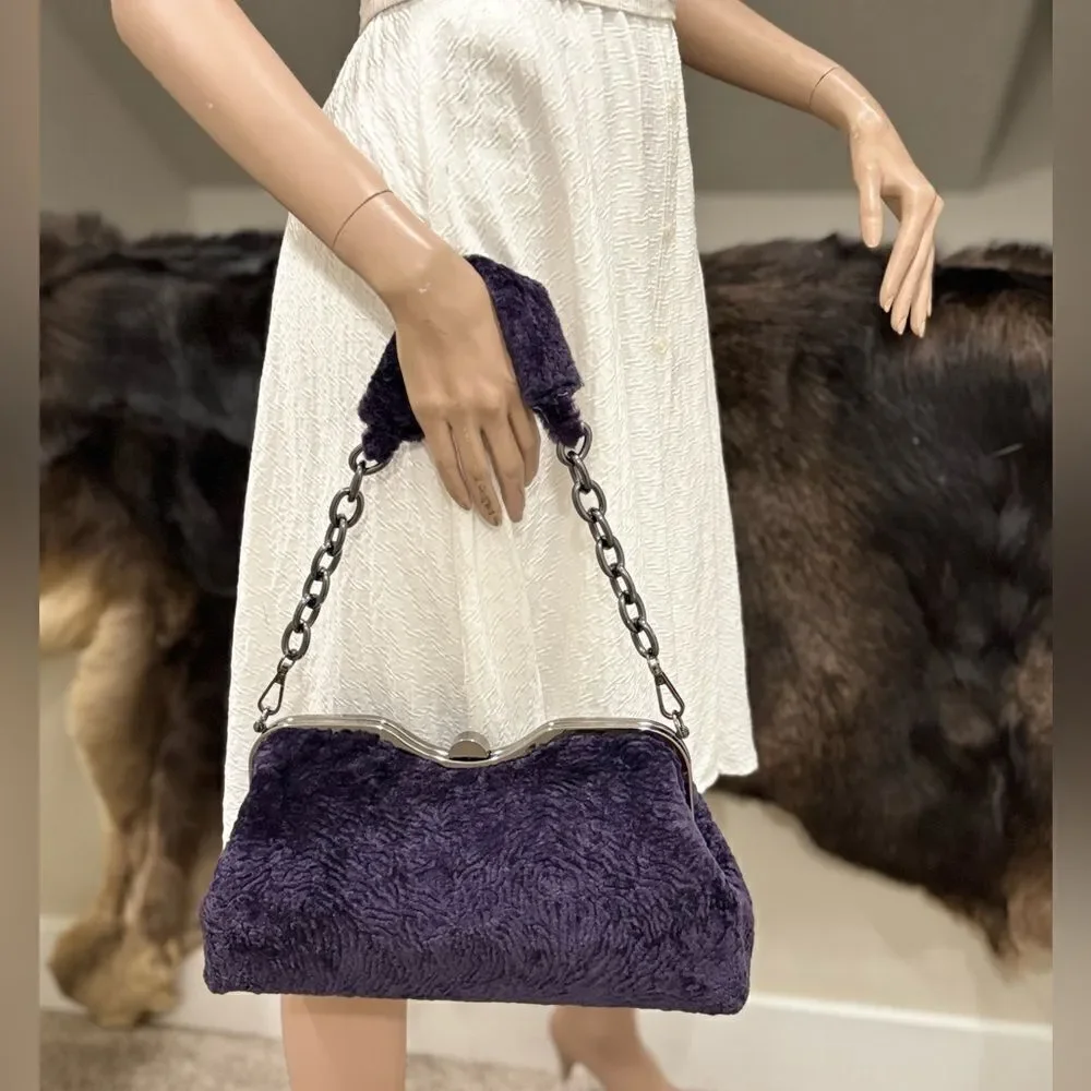 Purple Handmade Real Shearling leather Push Lock Shoulder Bag/Crossbody